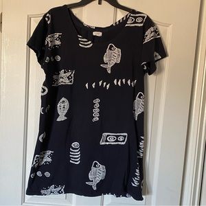 Navy blue bathing suit cover-up/dress size XL shirt with painted fish figures